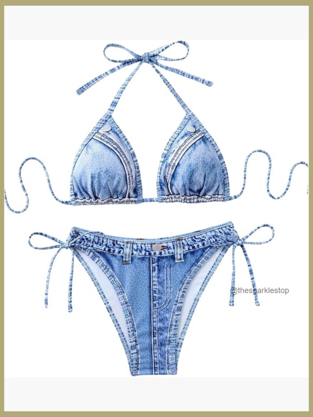 Denim Print Bikini Set - Triangle Halter Side Tie Swimwear 2 Piece Bathing Suit